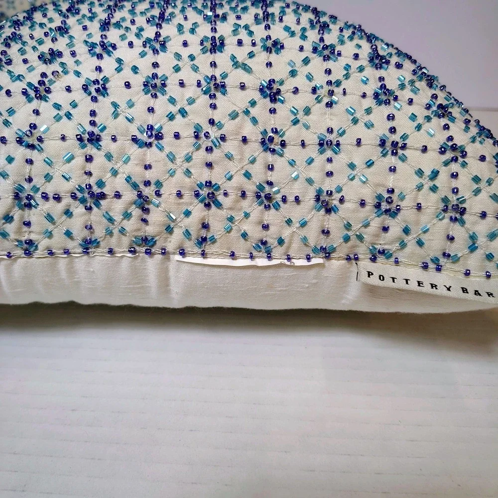 Pottery Barn Beaded‎ Silk Throw Pillows Set of 4 White Blue Teal Geometric 12x12